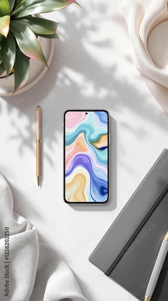 Poster modern smartphone with abstract display on minimalist white desk setup
