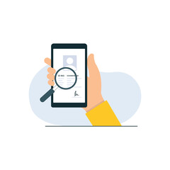 Hand-Holding Phone with Magnifying Glass Vector Illustration. ID Verification Concept Design