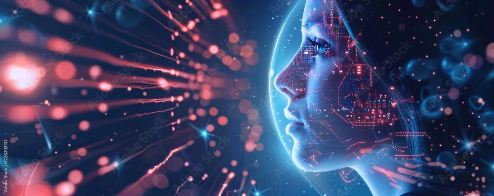 Poster The merging of woman's profile with artificial intelligence technology showcases the integration of humanity and ai