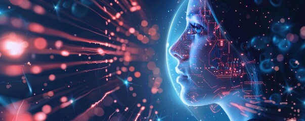 The merging of woman's profile with artificial intelligence technology showcases the integration of humanity and ai