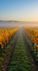 Naklejka premium Golden vineyard in misty morning light during autumn harvest season