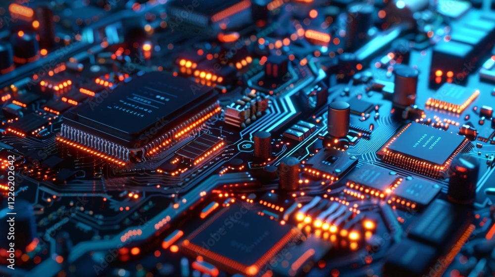 Poster Electronic circuit board showing cpu microchip and components, illuminated in orange and blue