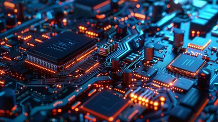 Electronic circuit board showing cpu microchip and components, illuminated in orange and blue