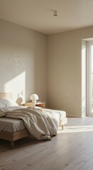 Fototapeta premium Sunlit minimalist bedroom with cozy bedding and modern decor