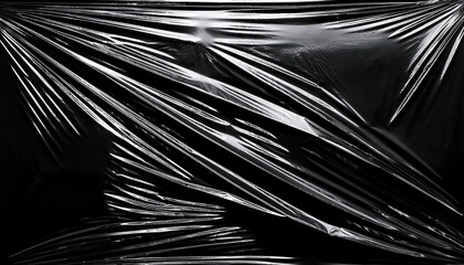 HighContrast Photography Wrinkled Plastic Wrap Texture Against a Black Backdrop, Showcasing Intricate Details and Playing with Light and Shadow.