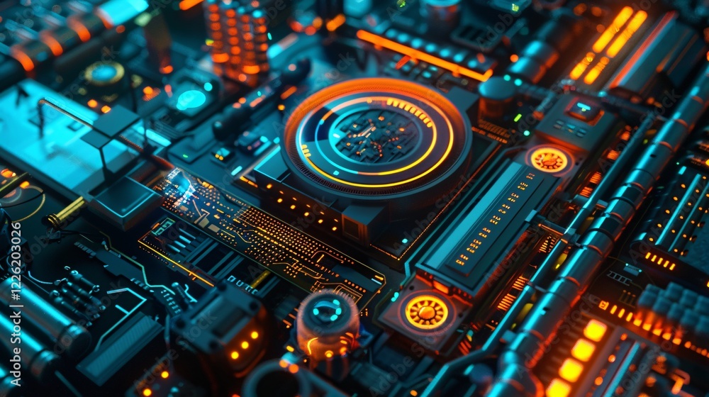 Poster Futuristic device with illuminated lights is processing complex data
