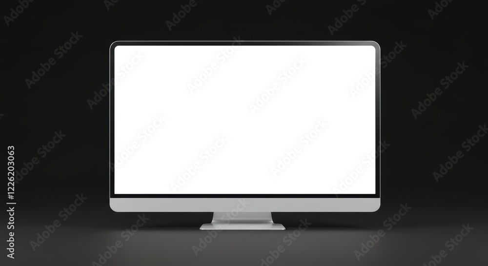 Poster minimalist white computer monitor with blank screen on dark background