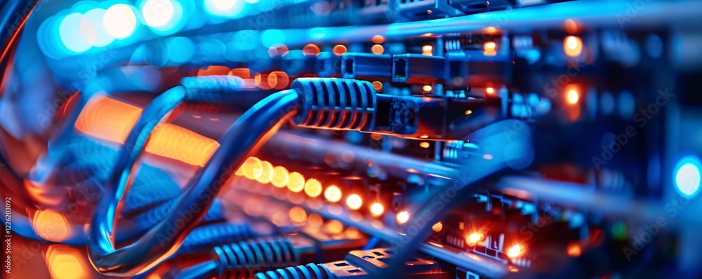 Poster Close-up of network cable connecting with server racks in data center