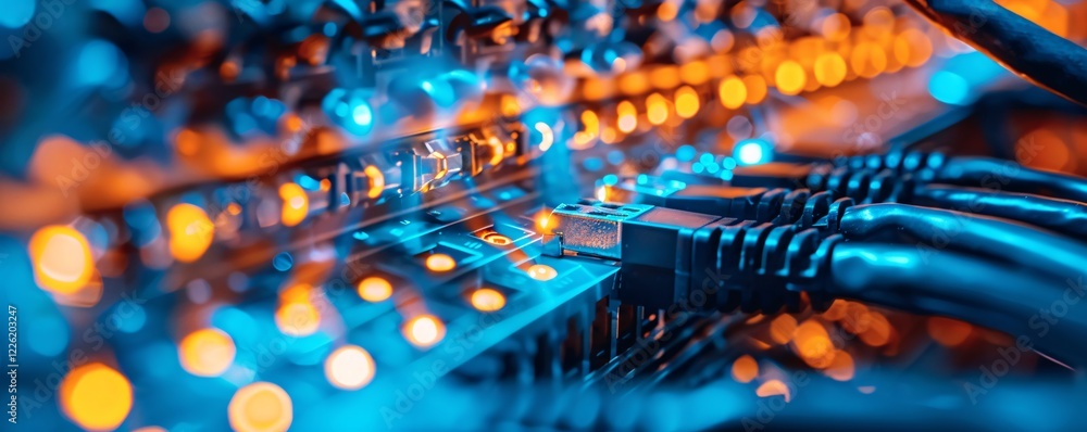 Poster Network switch and ethernet cables flashing lights in data center