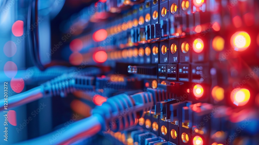 Poster Data center network server panel displaying internet traffic with blinking lights