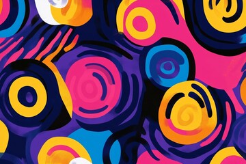 Fototapeta premium This energetic abstract composition features bold circular patterns in vibrant hues of pink, yellow, and blue, creating an exciting and dynamic visual experience full of movement.
