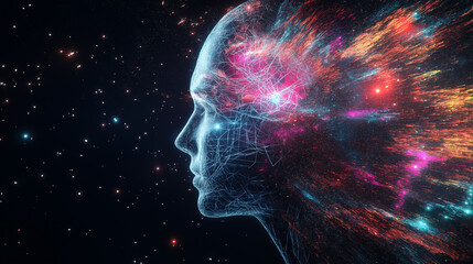 Cosmic Mind: A mesmerizing digital art image depicting a human profile silhouetted against a backdrop of twinkling stars, with a vibrant cosmic nebula erupting from the brain.