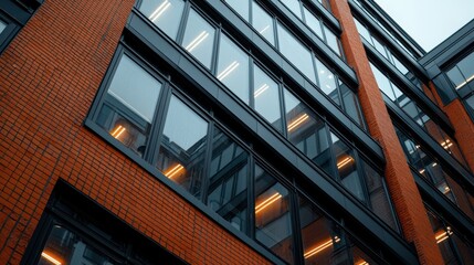 A modern building showcasing a mix of brick and glass architecture.