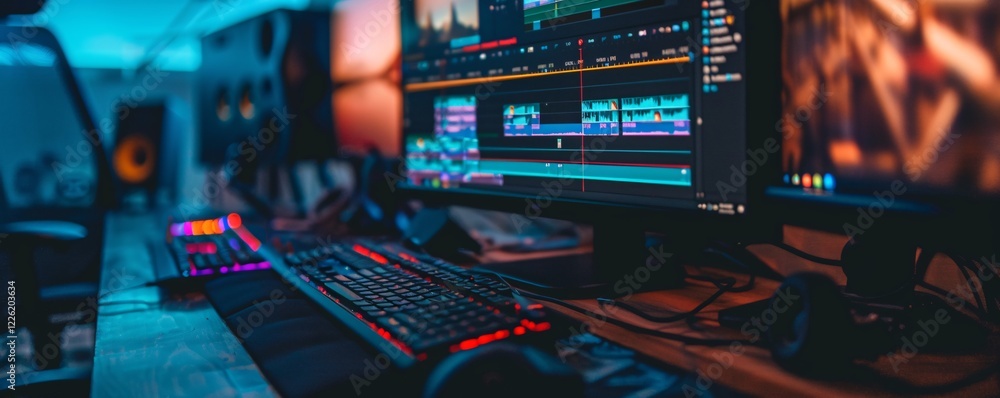 Poster Video editor using professional editing software on a top-of-the-line workstation