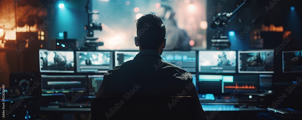 Poster Movie editor is using professional software and multiple monitors to work on a film