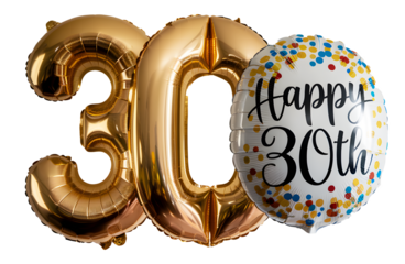 A gold and white balloon with the number 30 on it