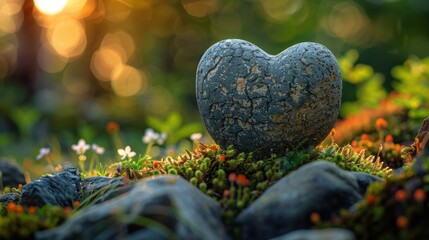 Stone heart sitting on a moss covered ground