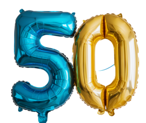A blue and gold balloon with the number 50 on it