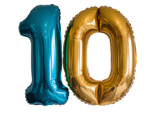 A large number 10 made of gold and blue foil