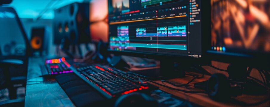 Video editor using professional editing software on a top-of-the-line workstation