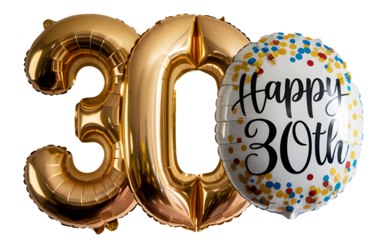A gold and white balloon with the number 30 on it