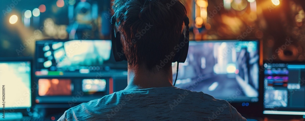 Poster video editor wearing headphones working on a video project using professional software