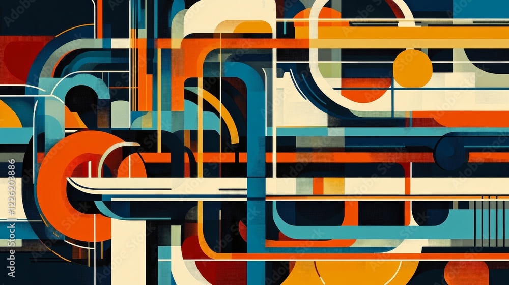 Poster bold geometric shapes intertwine in vibrant colors, creating an energetic, abstract composition that