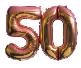 A pink and gold balloon number 50 is floating in the air