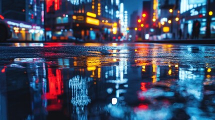 Fototapeta premium City street reflection, rain, night, urban, lights, blurred, background, advertising