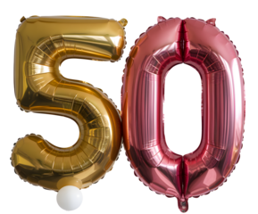 A pair of balloons, one gold and one red, with the number 50 on the gold balloon