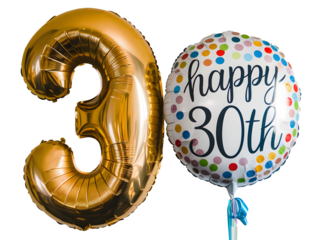A gold number 3 balloon is next to a colorful number 30 balloon