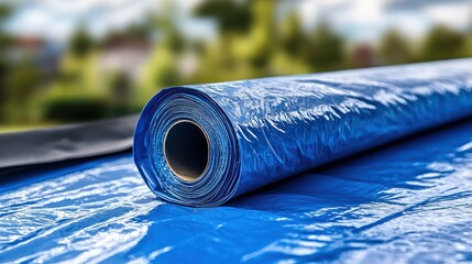 A rolled blue tarp lying on a surface, used for protection or covering.