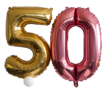 A pair of balloons, one gold and one red, with the number 50 on the gold balloon - Powered by Adobe