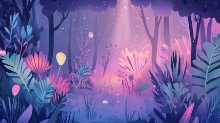 Fototapeta premium Enchanting purple forest night scene, glowing plants, magical background, game design