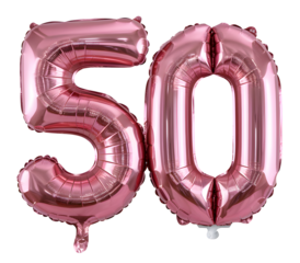 A pink number 50 balloon is floating in the air