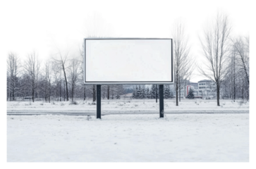 Snow-covered landscape with empty billboard isolated on transparent background