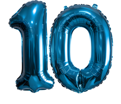 A blue balloon with the number 10 on it