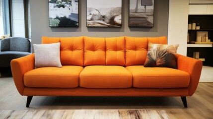 Modern Orange Sofa with Cushions in a Stylish Living Room