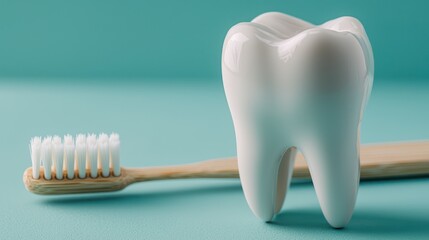 A toothbrush next to a large, glossy tooth model, emphasizing dental hygiene.
