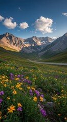 Fototapeta premium Majestic mountain landscape with vibrant wildflowers under a clear blue sky