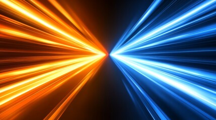 Dynamic light beams converge in vibrant orange and blue hues, creating a mesmerizing visual effect in a dark background