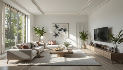 Fototapeta premium Modern Minimalist Living Room Design With Large Windows
