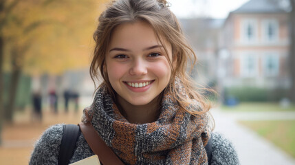 smiling young woman between 18 and 25 years old, wearing cozy scarf, stands outdoors in park with autumn foliage. She exudes happiness and confidence