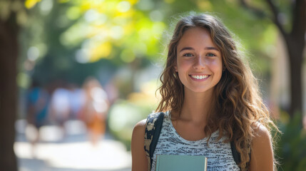 smiling young woman between 18 and 25 years old holds book outdoors, surrounded by greenery and soft sunlight, conveying sense of joy and academic enthusiasm