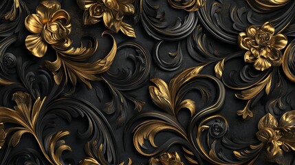 A luxurious floral design in black and gold adorns an ornate background. It suggests sophistication, opulence, and a timeless yet modern sense of decoration.