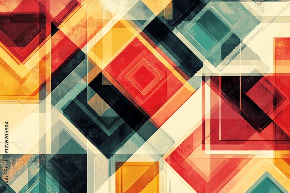 Poster dynamic abstract artwork featuring overlapping geometric shapes in vibrant colors, conveying movemen