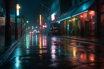 A moody nighttime city scene with wet streets reflecting colorful neon lights from the storefronts, capturing a sense of urban solitude and atmospheric beauty.
