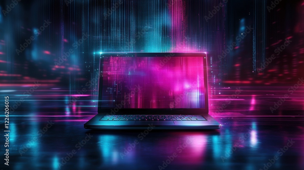 Poster dynamic digital transformation virtual space computer graphics futuristic environment vibrant color 