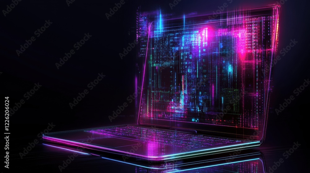 Poster digital innovation in technology futuristic laptop graphics in a neon environment abstract concept a