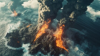 Volcanic eruption ocean island aerial disaster scene